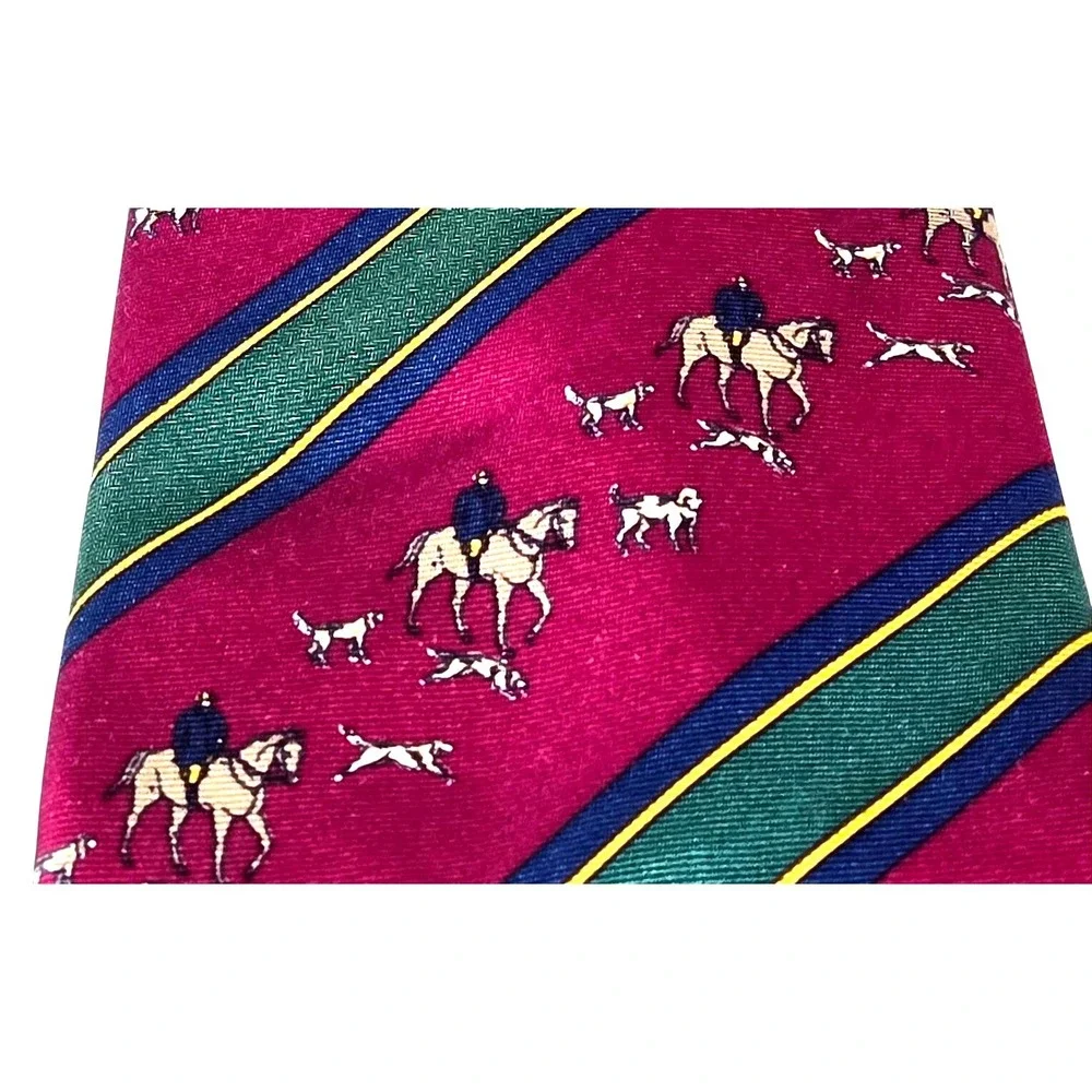 Men's Chaps Ralph Lauren Silk Tie Equestrian Fox Hunt Striped Magenta Heritage‎